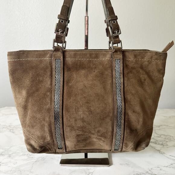 Coach Brown Suede Metallic Beaded Zip Top Shoulder Bag includes Hangtag - Picture 6 of 16